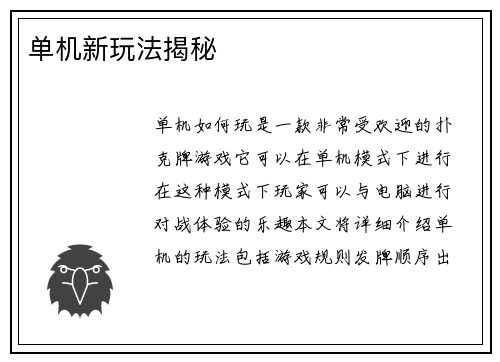 单机新玩法揭秘